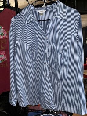 CJ Banks Navy and White Vertical Stripe Button-Up Blouse